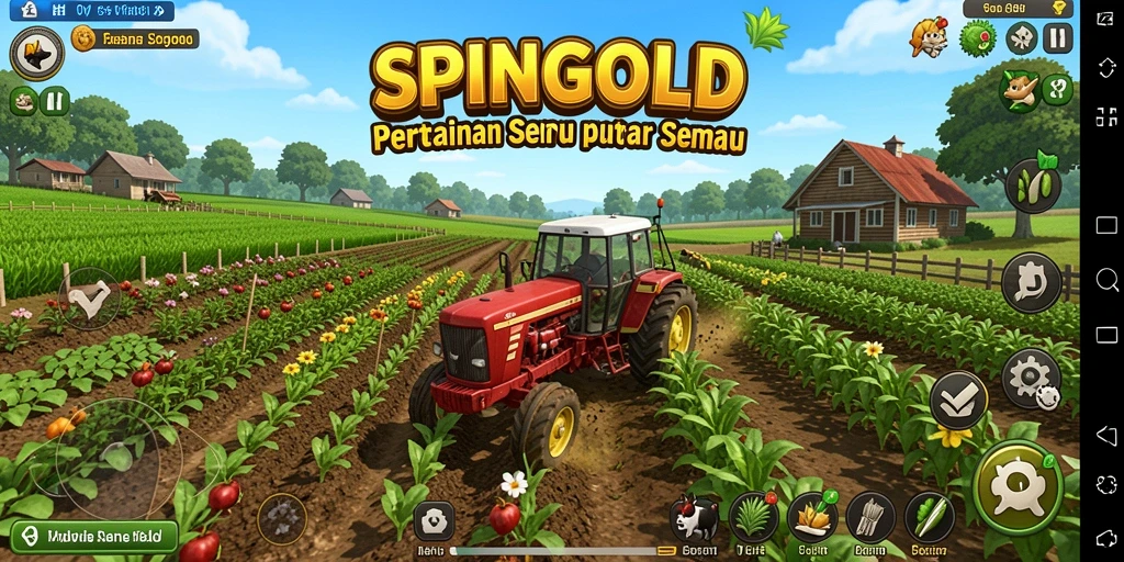 Screenshot SPINGOLD menampilkan aktivitas pertanian yang seru dan dinamis.